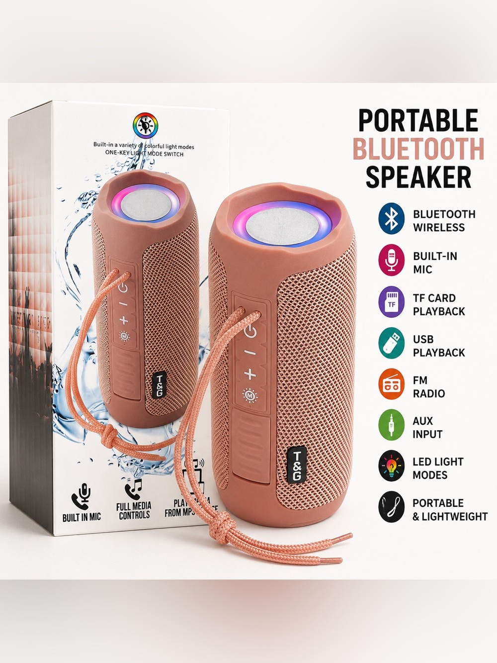 T&G Portable Bluetooth Speaker Wireless TF USB FM Radio Rose Gold pink NIB